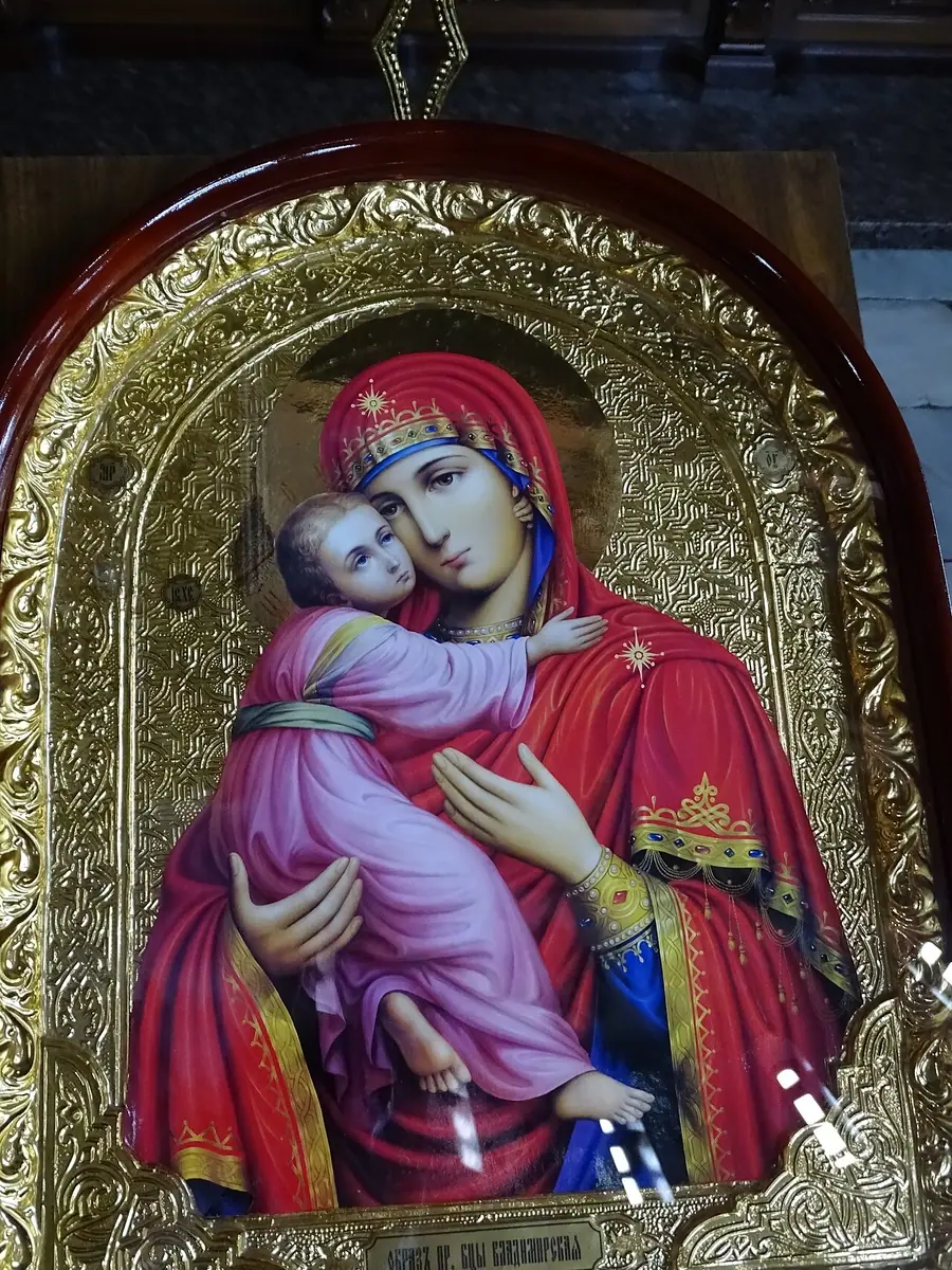 A gold-framed icon of the Virgin and Child in the Eleusa pose, venerated inside Bachkovo Monastery