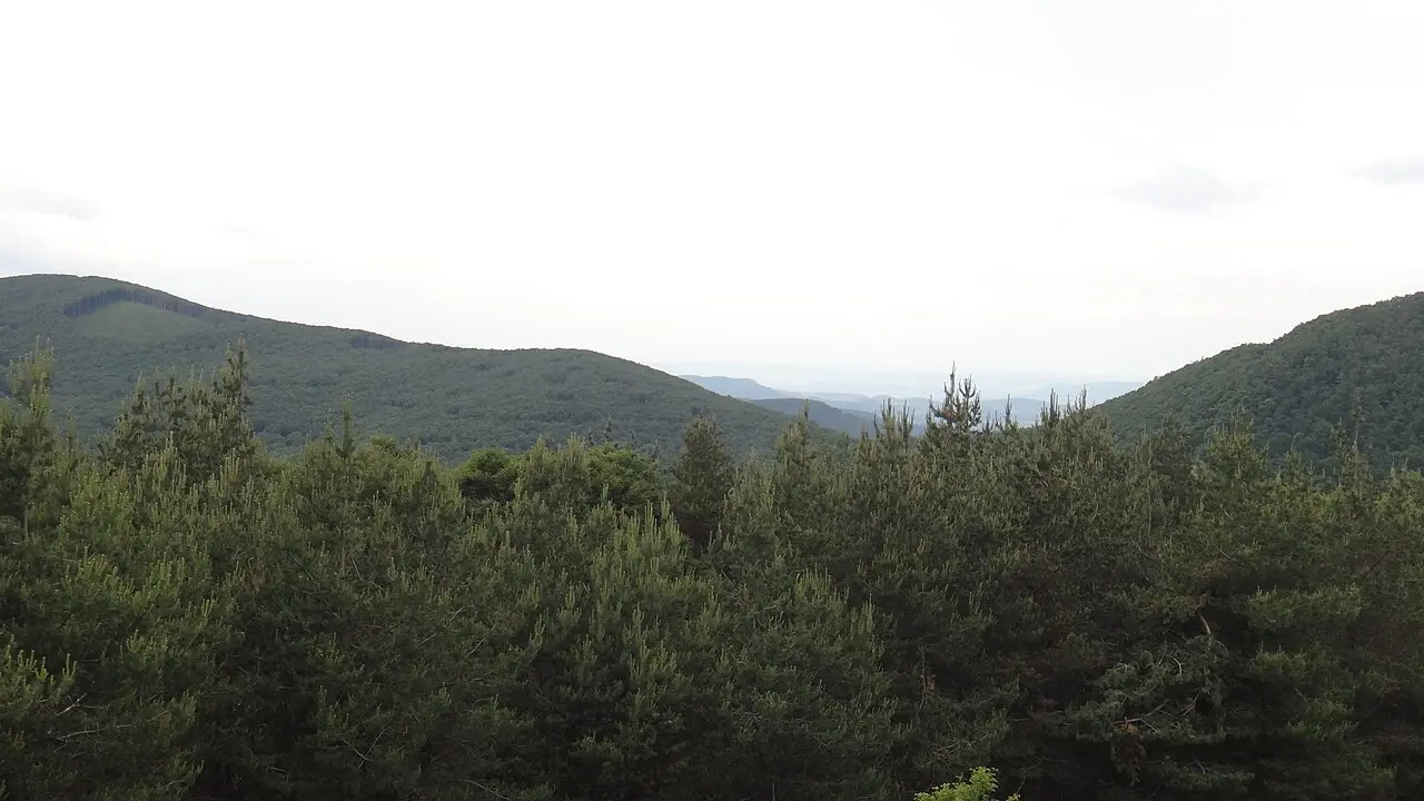 Wide view over Kazanlak and the Thracian Plain with hills on the horizon