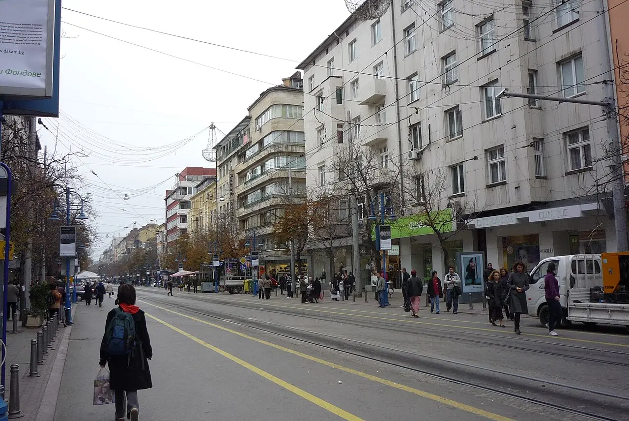 Vitosha Boulevard in Sofia with tram tracks and city buildings