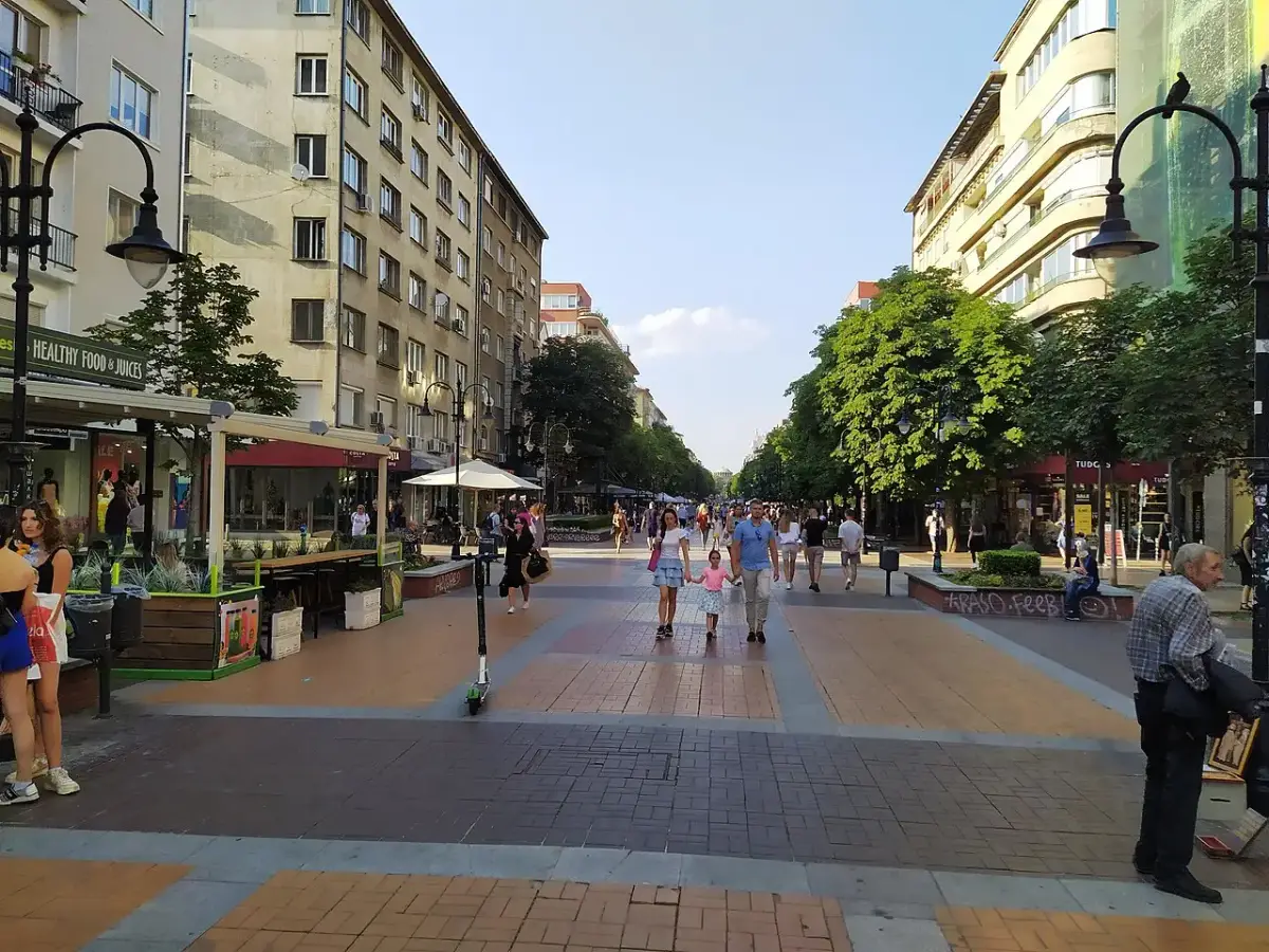 Tree-lined Vitosha Boulevard in central Sofia with shops and pedestrians
