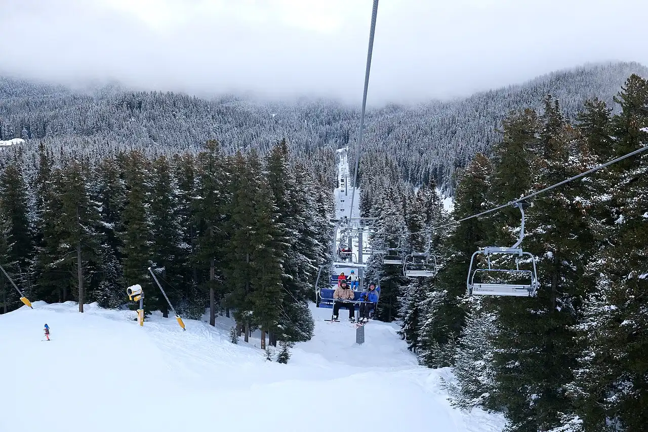 Skiers descending a wide Bansko piste with the valley and distant mountains visible below
