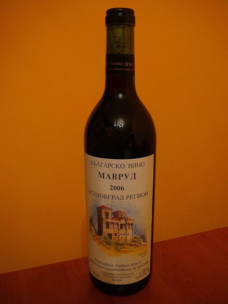 A glass and bottle of Mavrud, the dark native red wine of the Plovdiv region