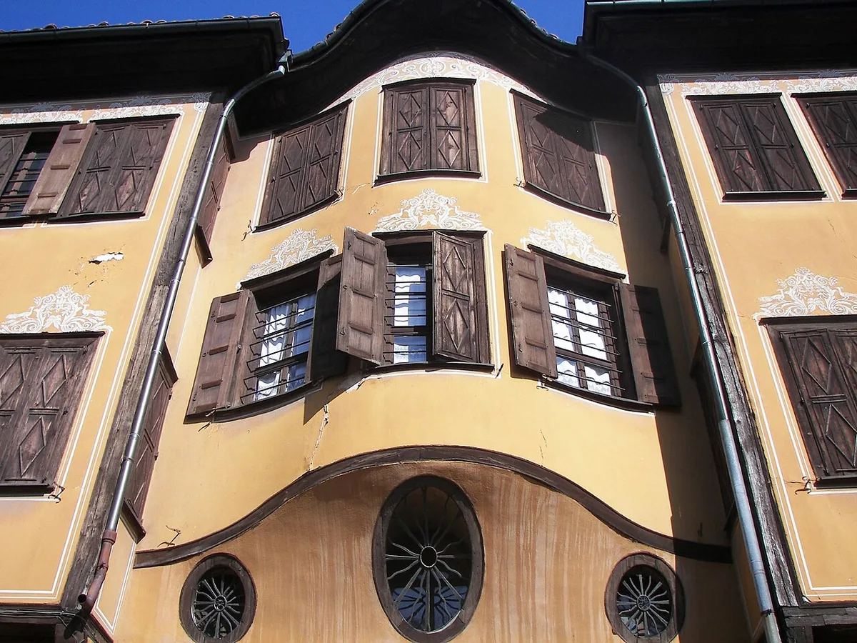 A cobbled lane of painted National Revival houses in the Old Town of Plovdiv