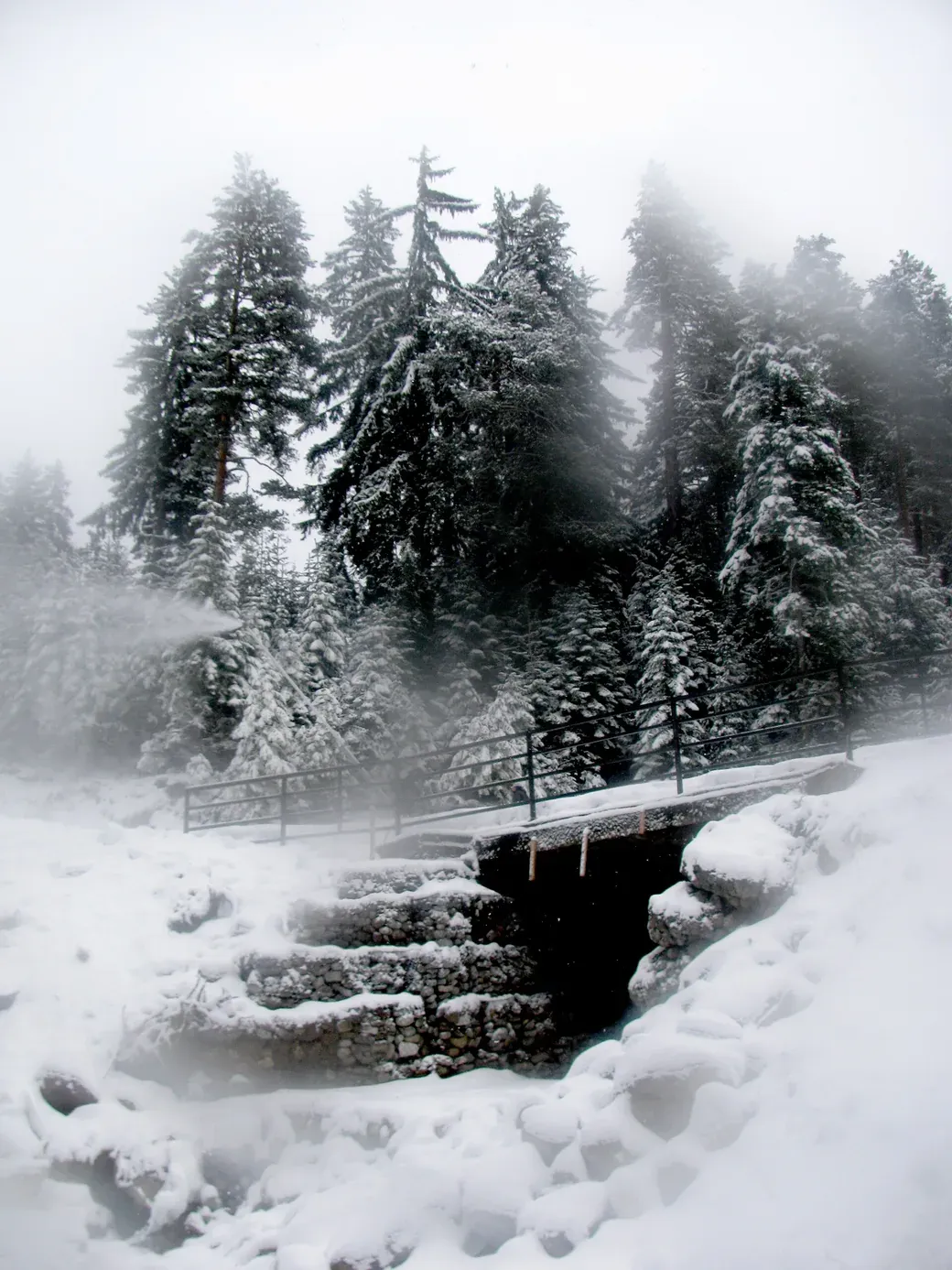 A snow-covered footbridge and pine forest deep in winter with a snow cannon spraying man-made snow