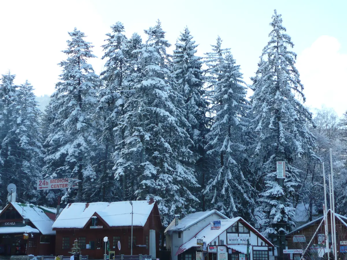The base of Borovets under fresh snow, wooden resort buildings and a ski depot below tall snow-laden pine trees