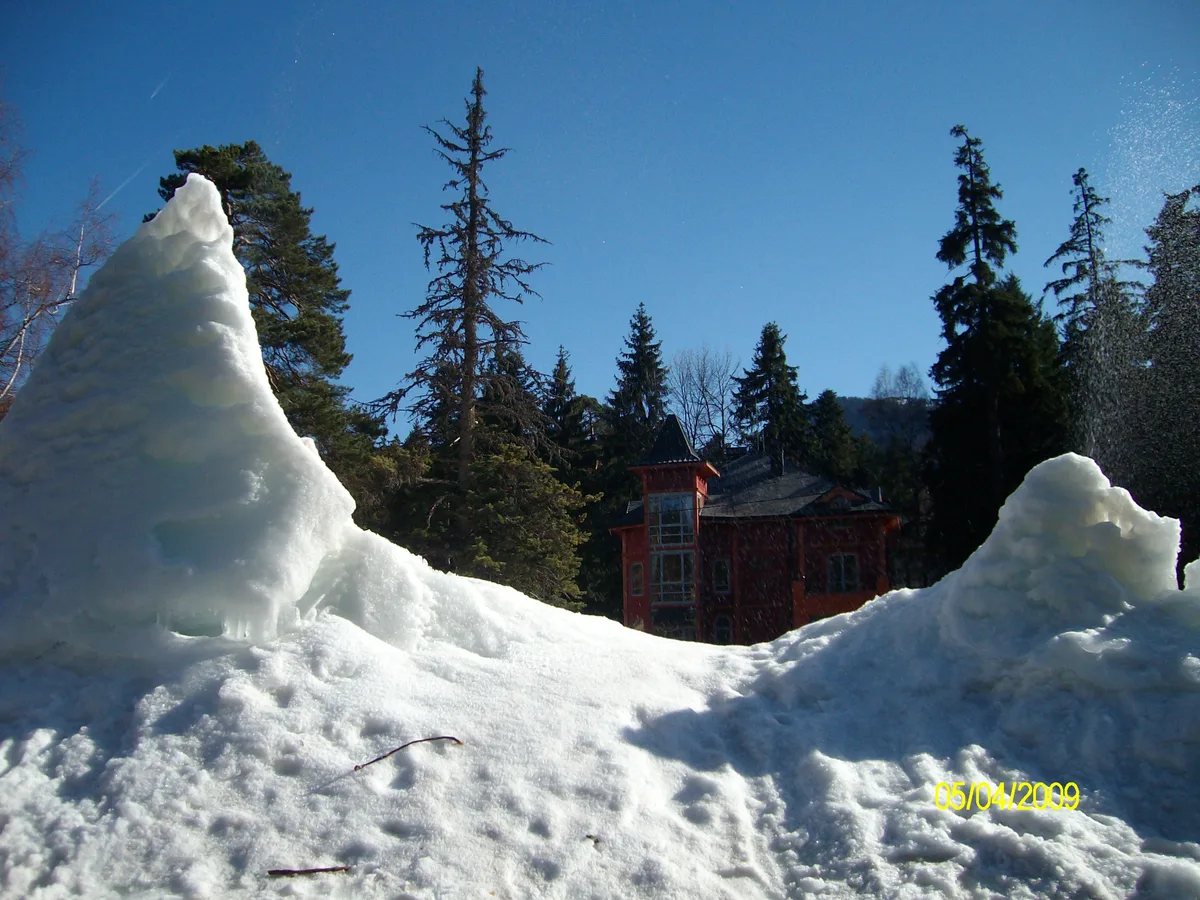 A red timber villa among snow-laden pine trees at Borovets, deep snowbanks in the foreground under a blue winter sky