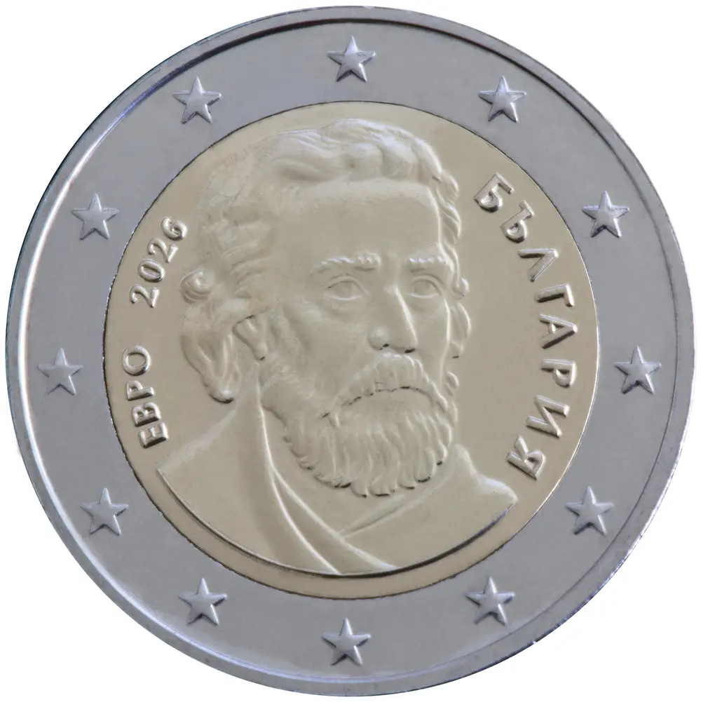 The Bulgarian two-euro coin, national side, showing Paisius of Hilendar with the inscription ЕВРО 2026 БЪЛГАРИЯ