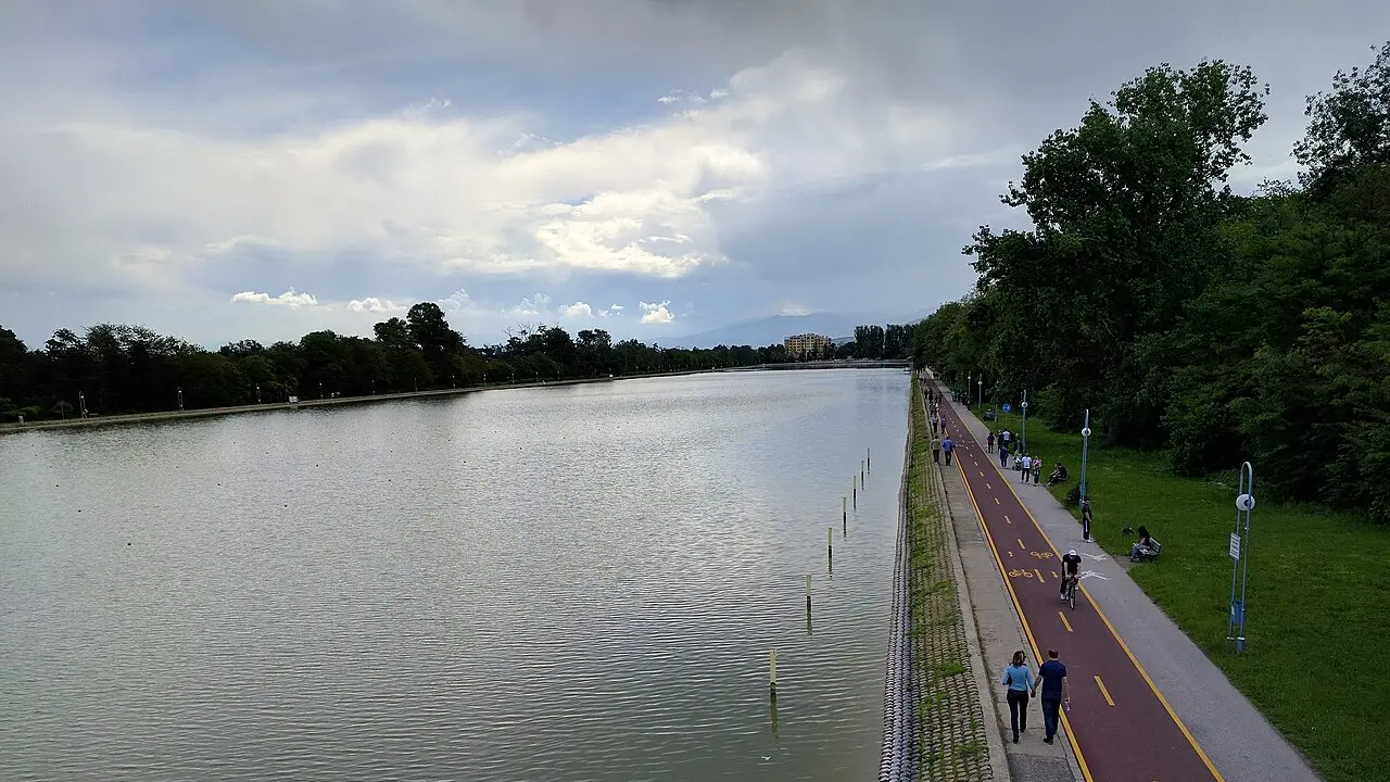 The Plovdiv Rowing Canal waterfront and hills - the site that hosts PhillGood and Hills of Rock
