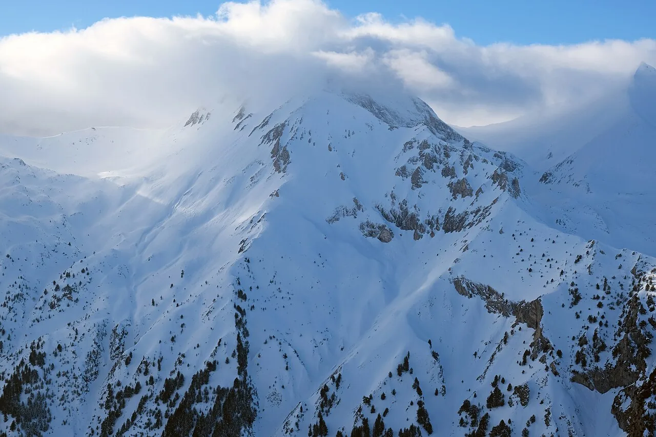 Skiers descending a groomed red piste at Bansko with pine forest and a chairlift on the ridge