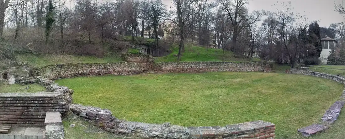 Stone seating and arena of the Roman amphitheatre at Diocletianopolis in Hisarya