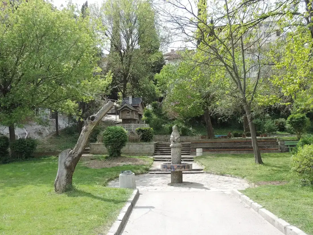 Plane trees and paths in St Vrach town park in Sandanski
