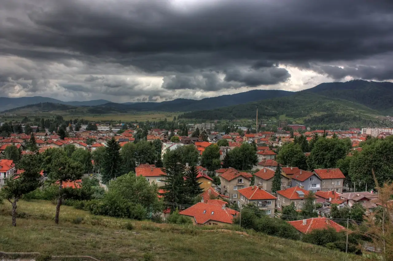 Clouds hanging over the forested hills around Velingrad in the western Rhodopes