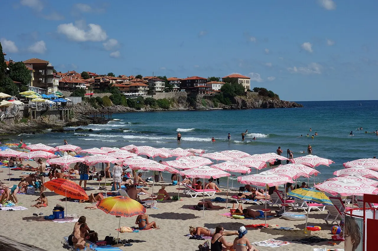 The sandy city beach at Sozopol on the southern Black Sea coast, busy with swimmers in summer