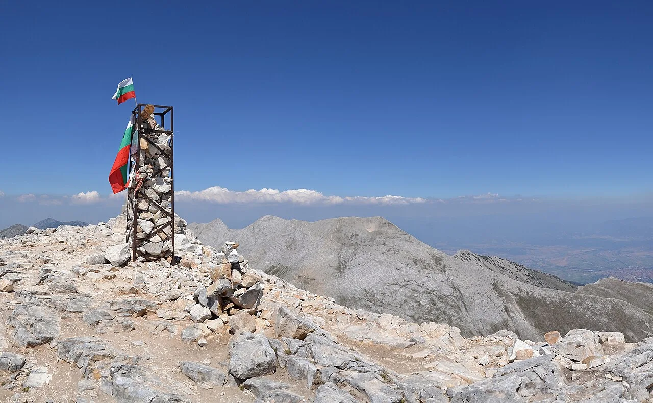 The rocky summit of Vihren, the highest peak in the Pirin mountains, seen from the hiking trail