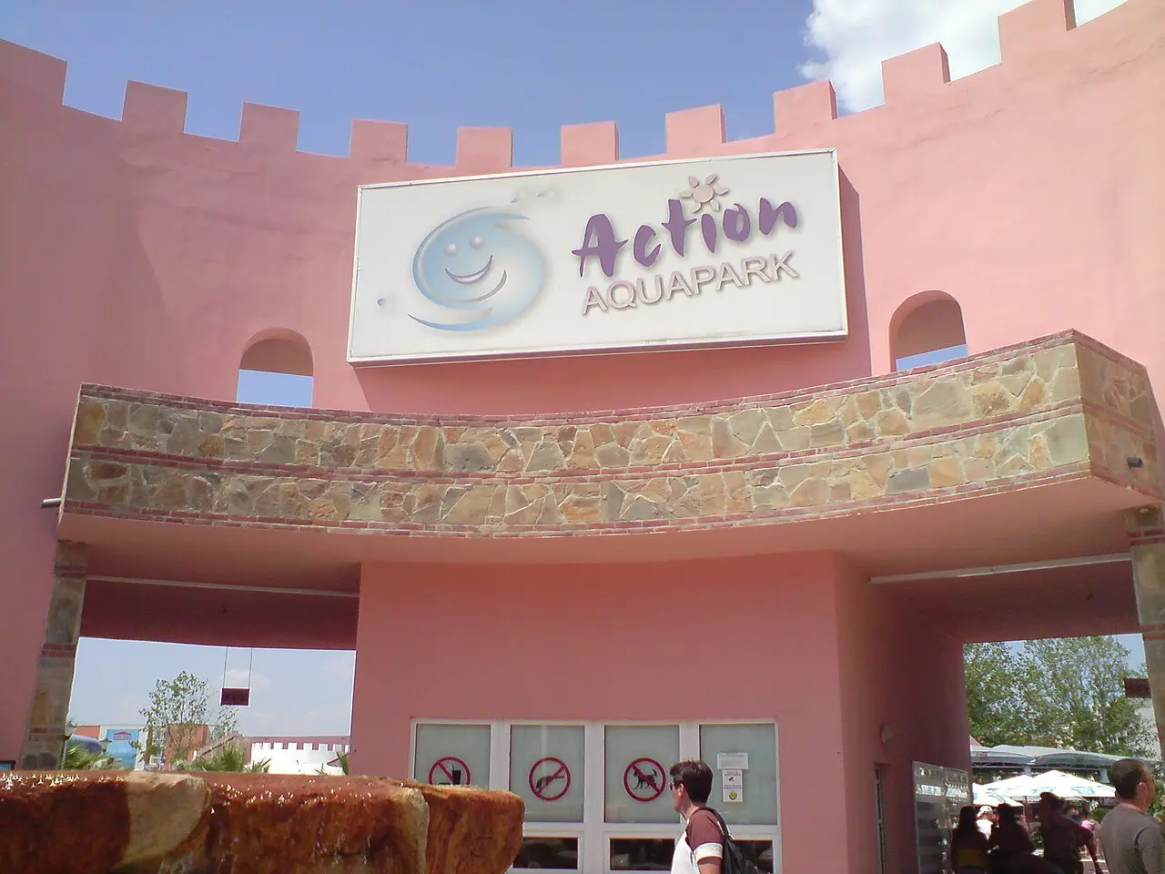 Colourful water slides and pools at Action Aquapark Sunny Beach on a sunny day