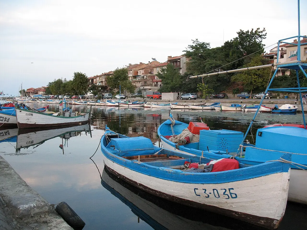 Sozopol harbour with fishing boats tied along the quay