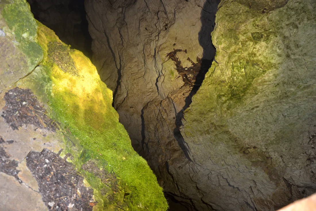 Inside Devil s Throat cave, a narrow water-carved rock shaft lit by a shaft of green daylight from above