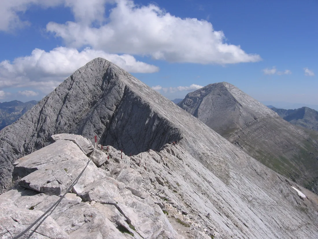 The narrow rocky Koncheto ridge in the Pirin mountains with Vihren peak rising behind it