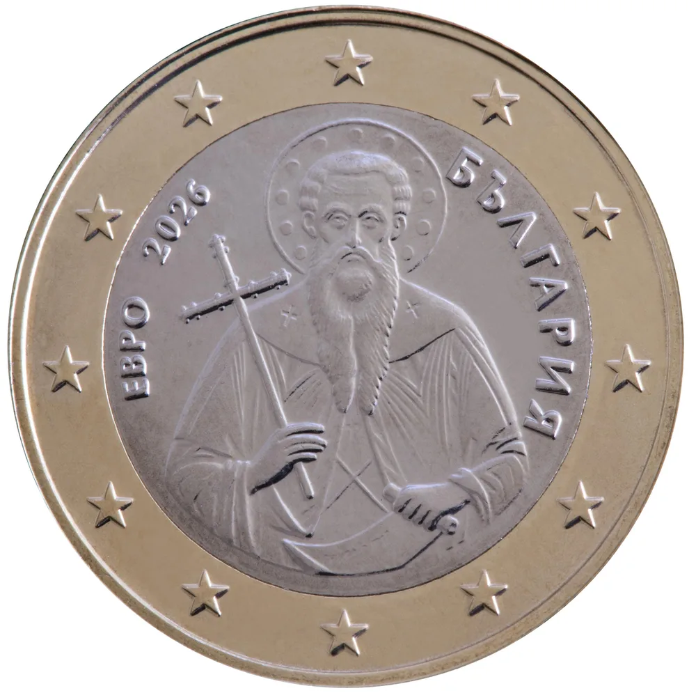 A Bulgarian one-euro coin showing the common European side with the map of Europe
