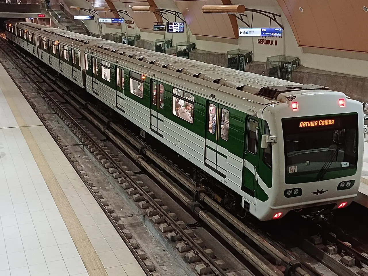 A blue Sofia Metro train waiting at Serdika II station, the line that runs from the airport into the city centre