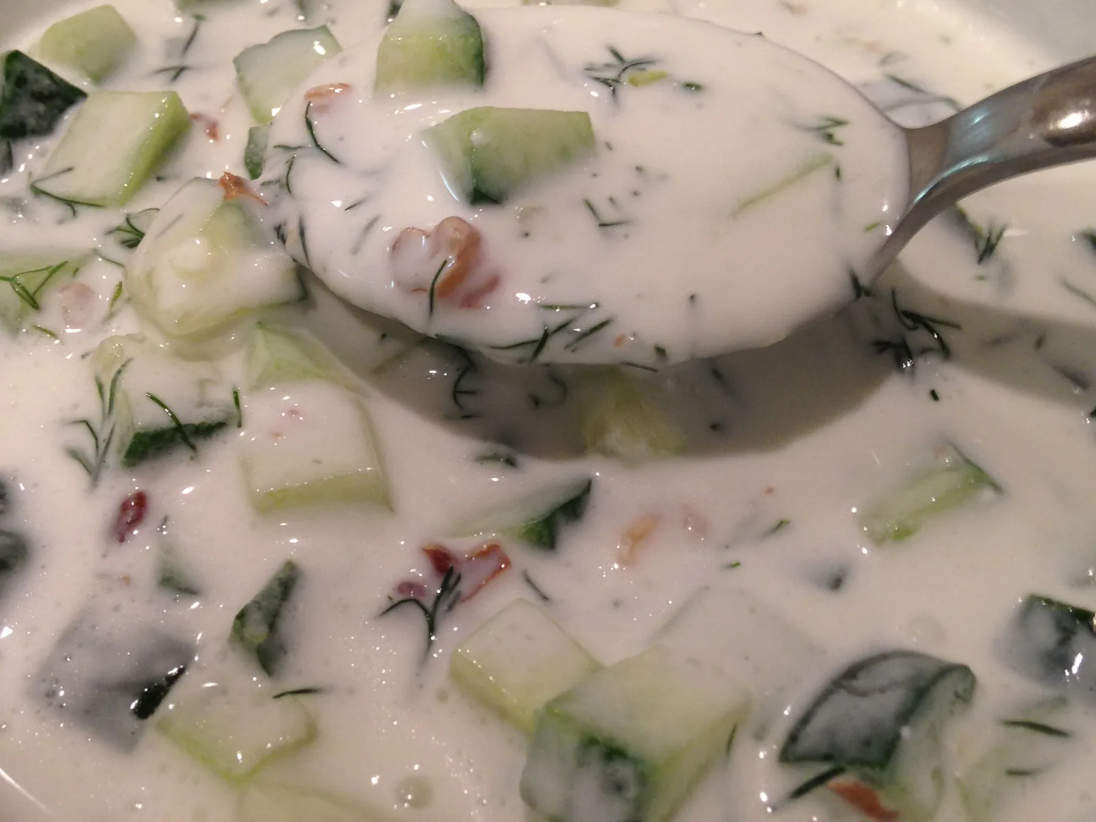 A bowl of tarator, a cold Bulgarian cucumber and yogurt soup, with a spoonful lifted out