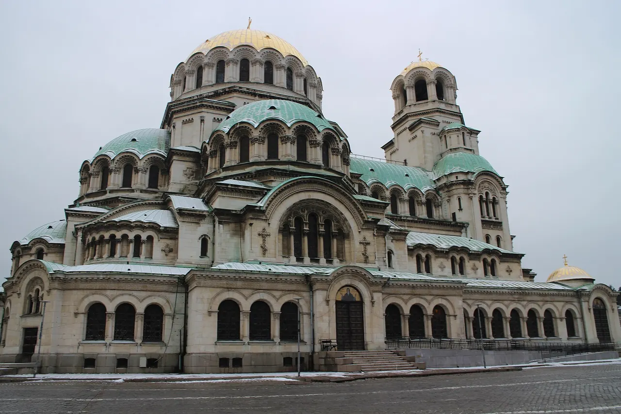 Alexander Nevsky Cathedral in Sofia with gold and green domes above the square