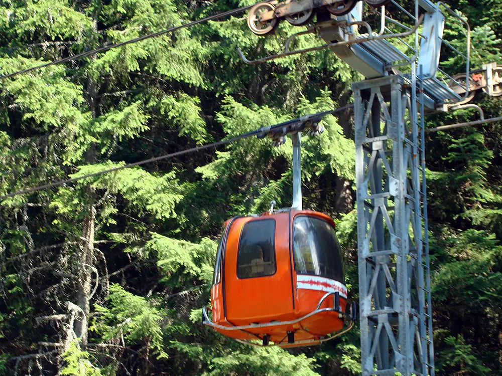 An orange gondola cabin of the Borovets lift passing a pylon among green pine forest