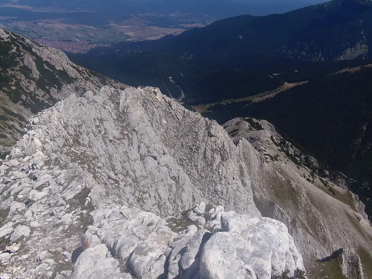 Jagged Dzhamdzhievi rock towers above alpine meadow in Pirin National Park
