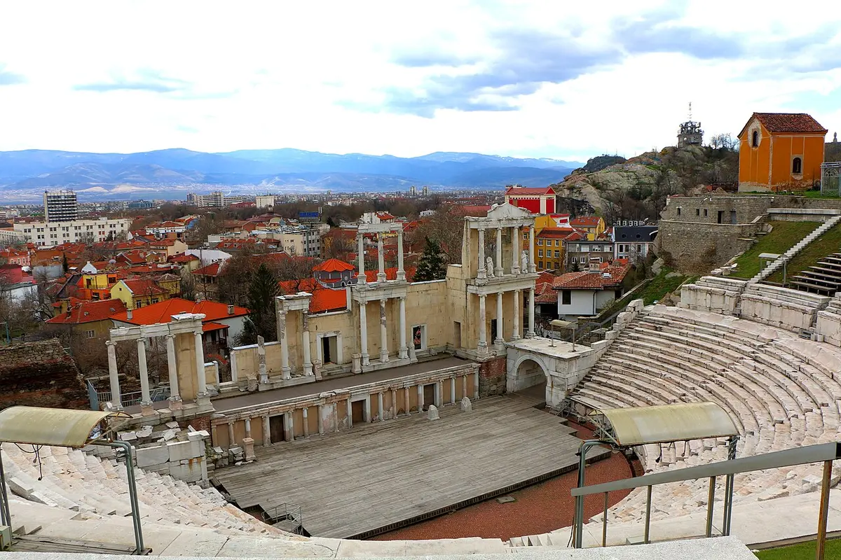 The marble seating tiers and columned stage of the Roman Theatre of Philippopolis in Plovdiv