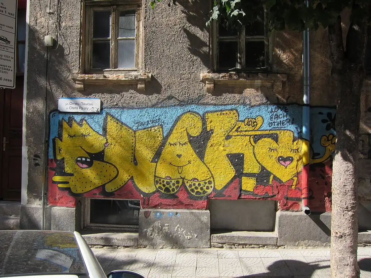 A large colourful mural on a building wall in the Kapana district of Plovdiv