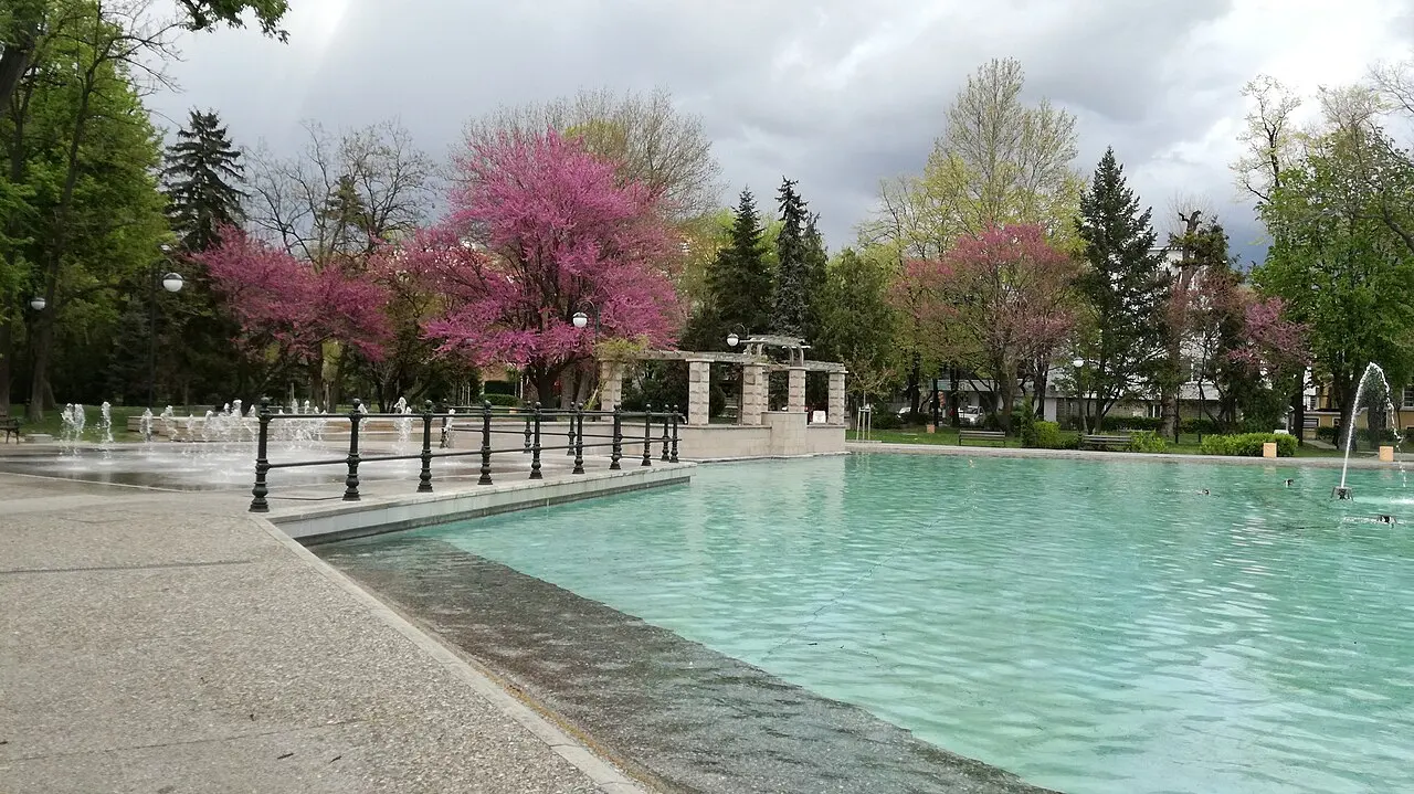 The lake and fountains of Tsar Simeon's Garden in central Plovdiv on a bright day