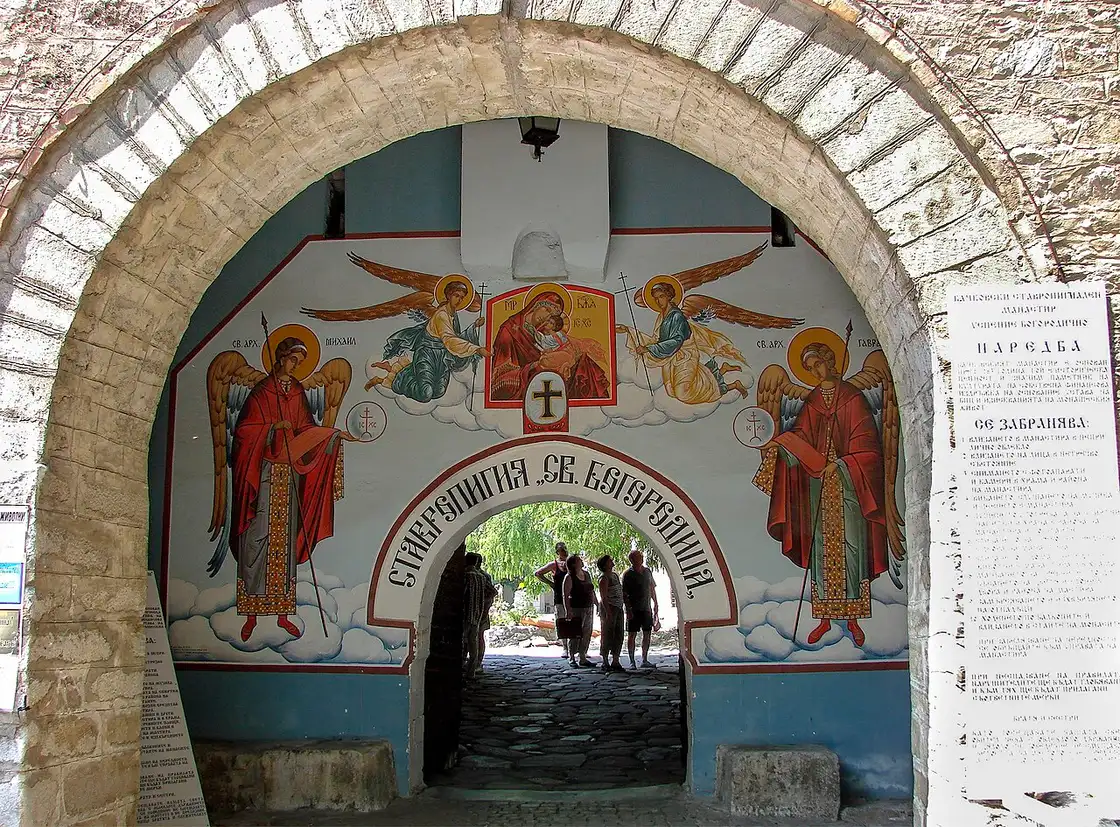 Arcaded galleries and church roofs inside the courtyard of Bachkovo Monastery