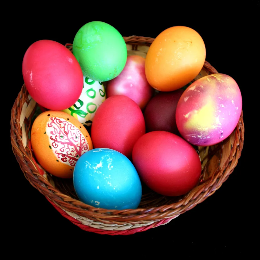 Traditionally decorated Bulgarian Easter eggs in red and other colours