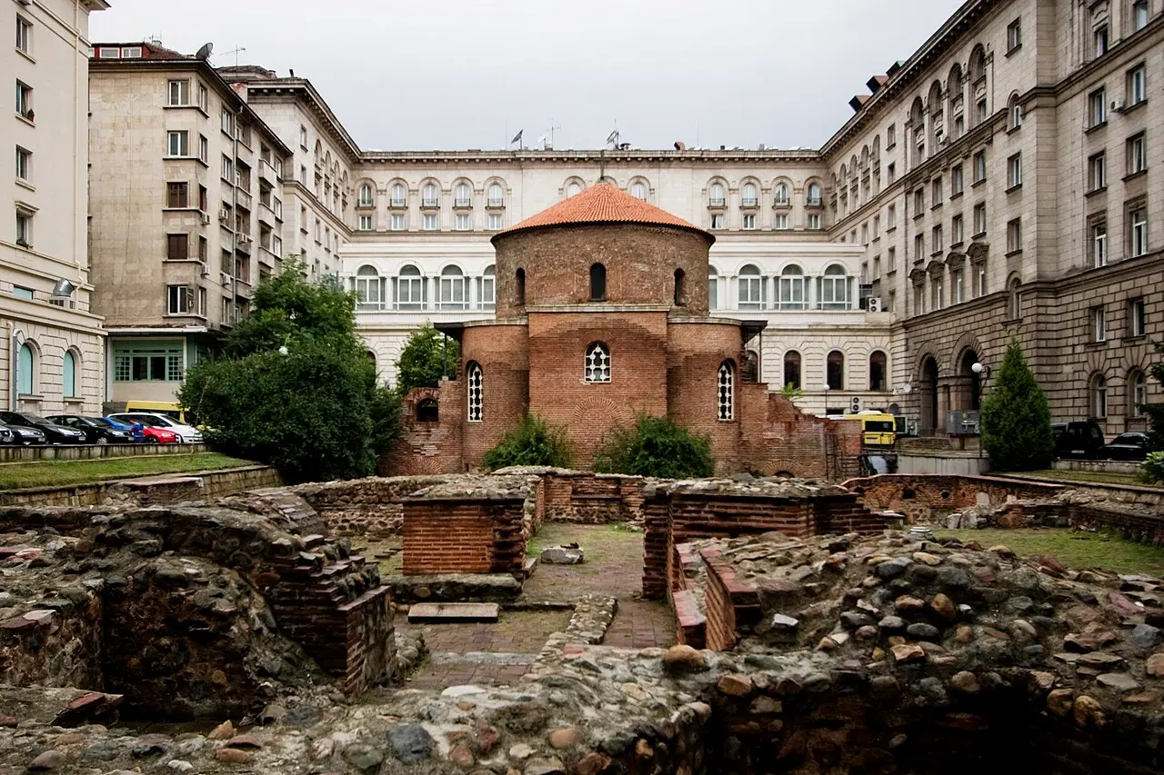 The red-brick St George Rotunda church in Sofia, the oldest building in the city, seen from its courtyard