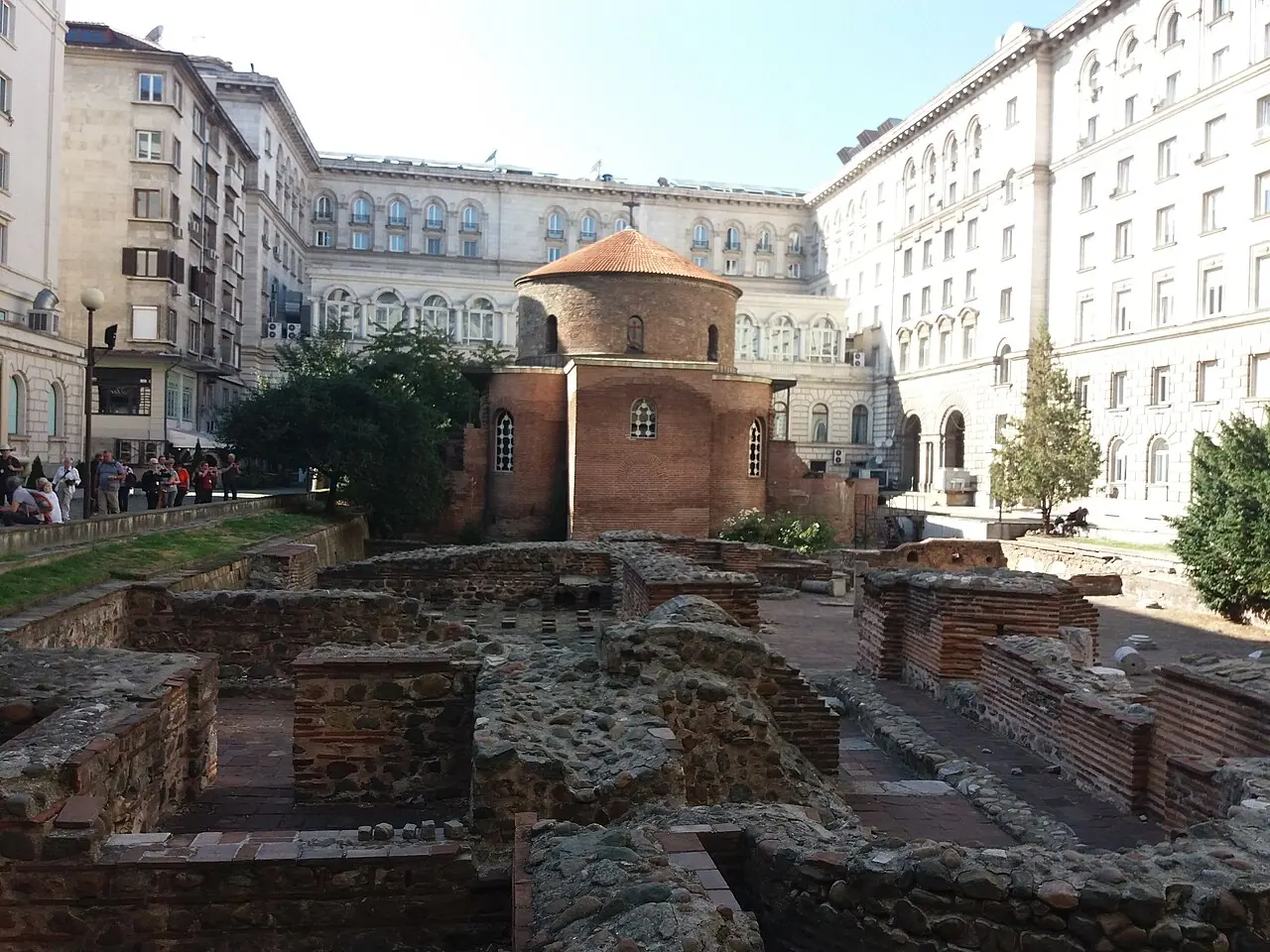 The 4th-century red-brick Rotunda of St George rising above the excavated Roman ruins of Serdica in central Sofia