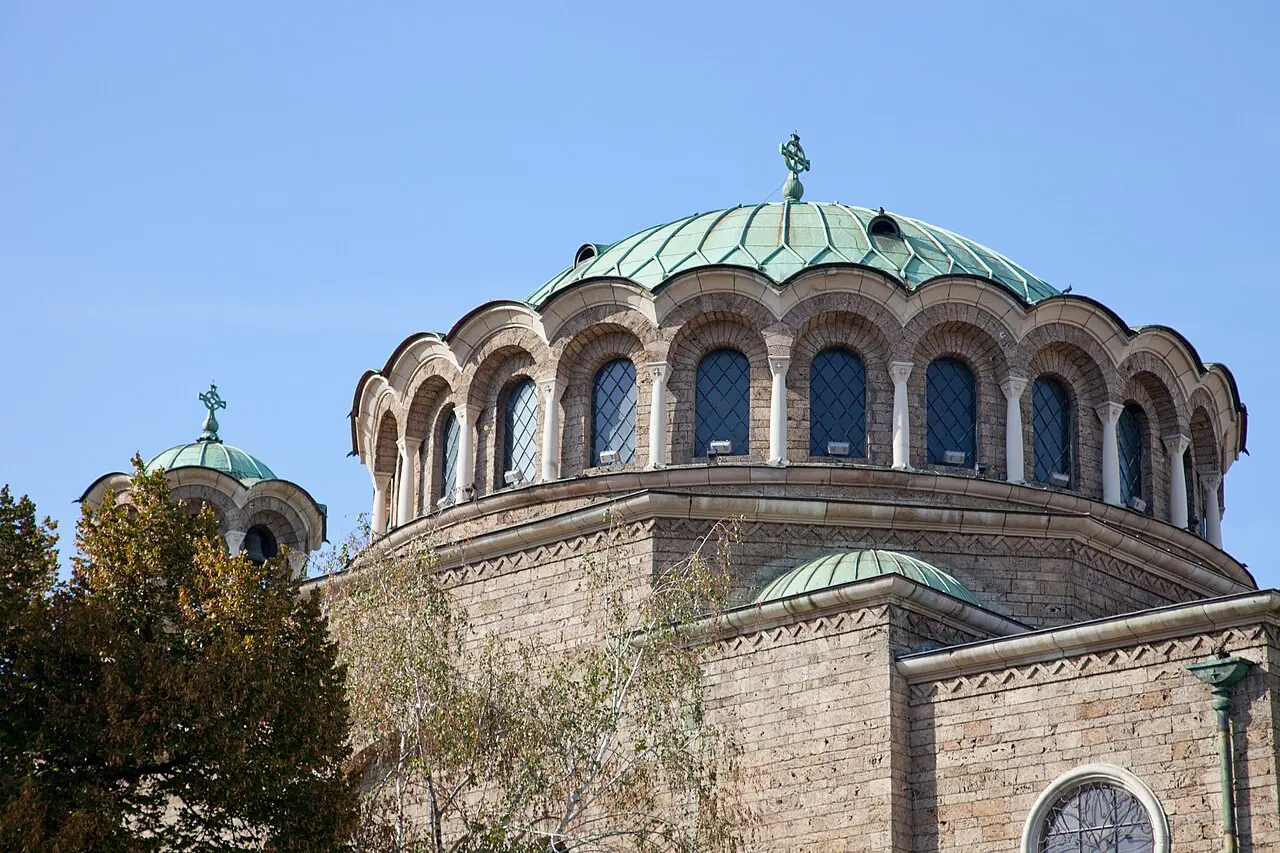 The domed Sveta Nedelya Cathedral in central Sofia under a blue sky