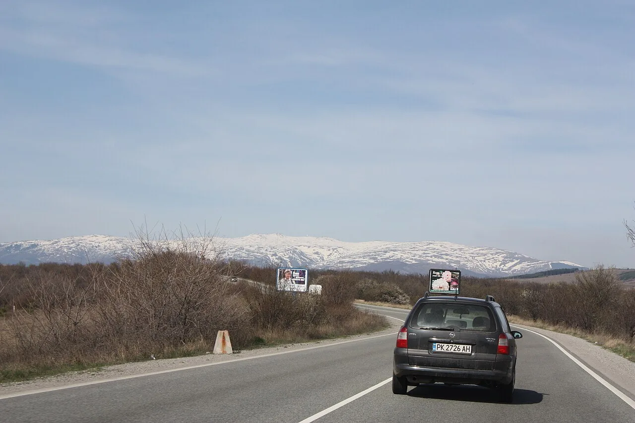 The A3 Struma motorway running south from Sofia through open country towards the mountains