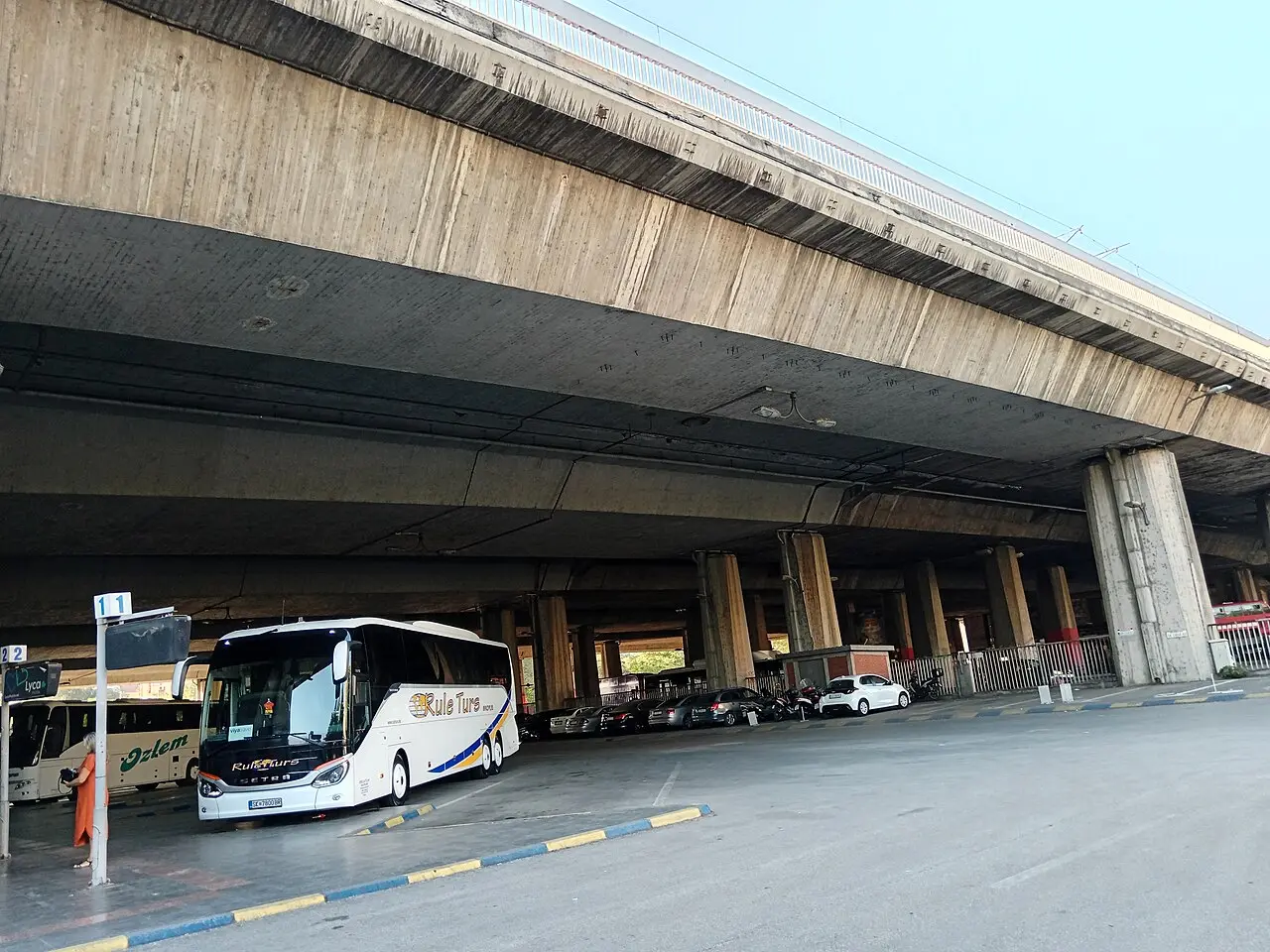 Coach bays under the concrete deck of Skopje central bus station