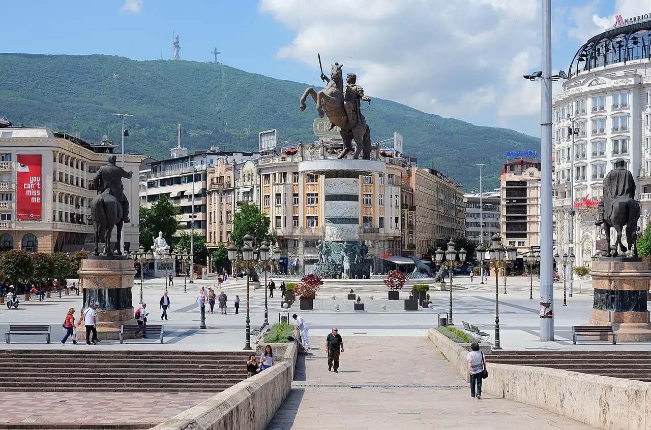 The Stone Bridge over the Vardar in central Skopje with the rebuilt riverside facades beyond
