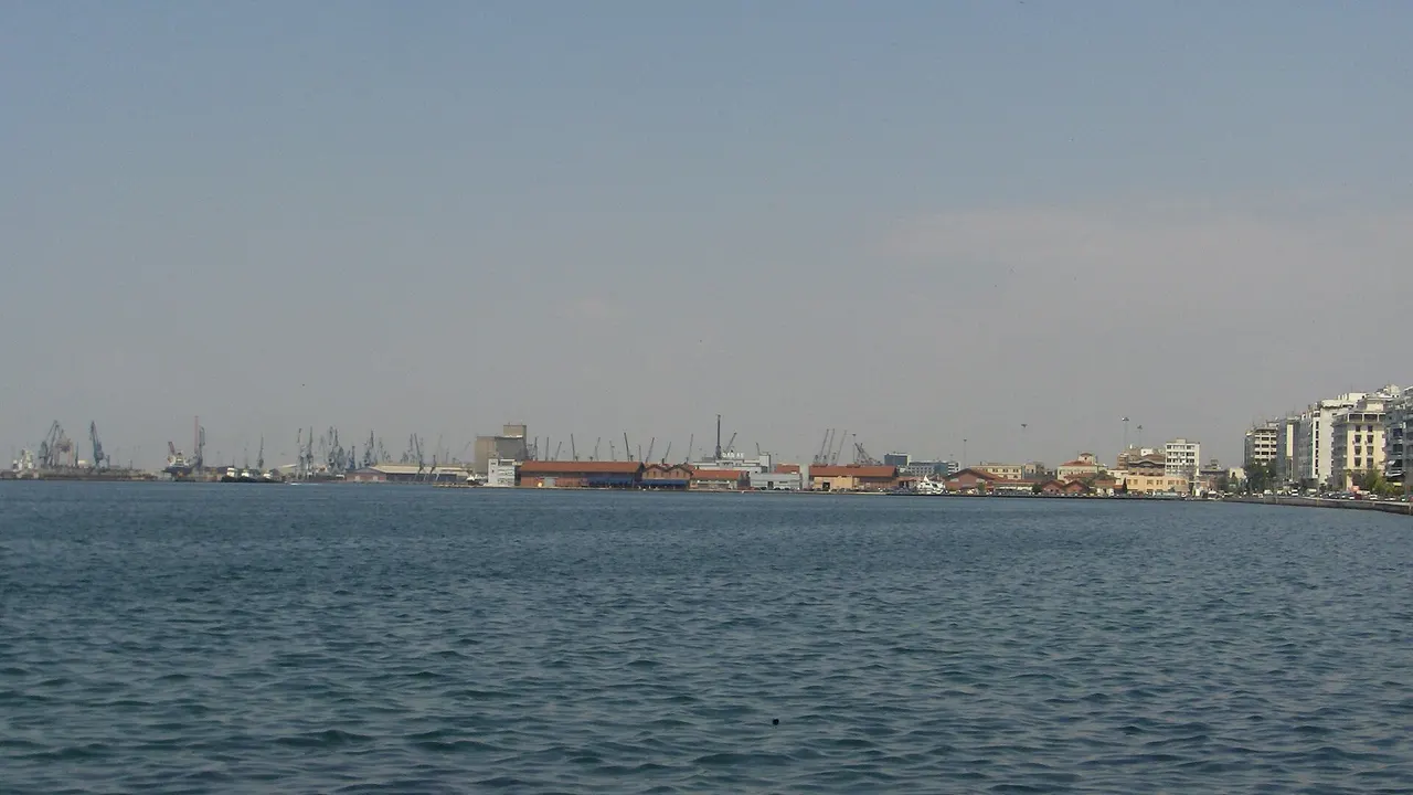 The waterfront promenade in Thessaloniki on a sunny day, with palm trees, a wide paved walkway and the Thermaic Gulf beyond