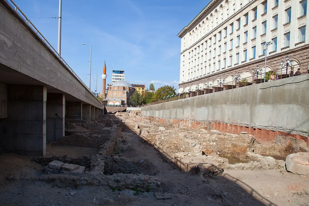 Excavated Roman walls and walkways of the Ancient Serdica complex in Sofia