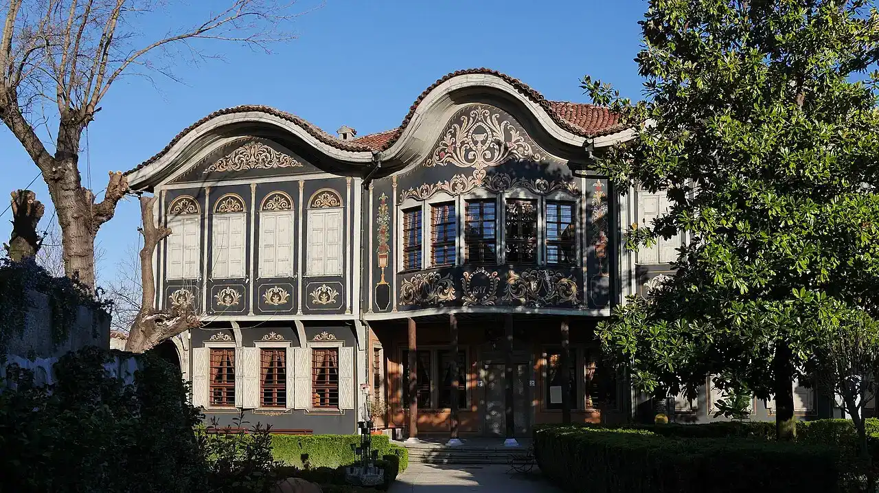 The dark blue and white painted facade of the Regional Ethnographic Museum, a Revival mansion in Plovdiv Old Town