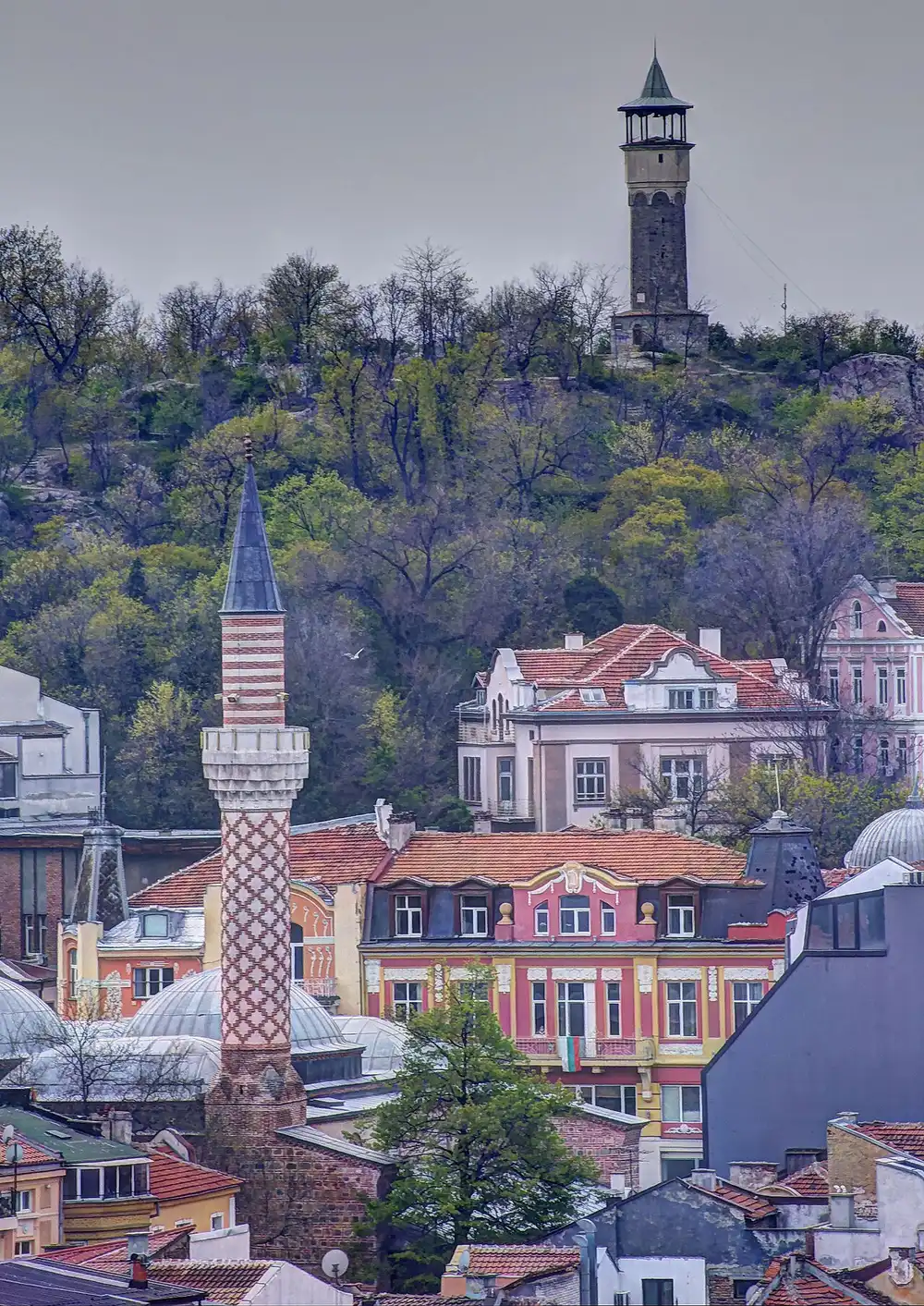 The Dzhumaya Mosque and the old clock tower on Dzhumaya Square in central Plovdiv