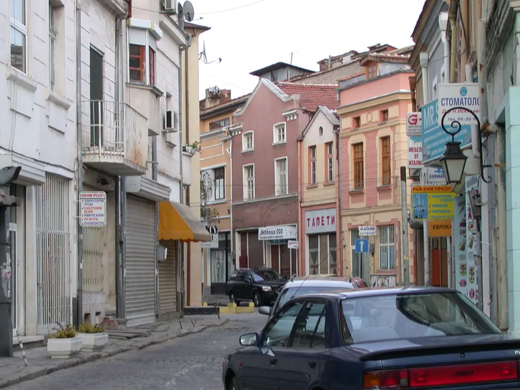 A narrow lane in the Kapana creative district of Plovdiv lined with cafes and small shops