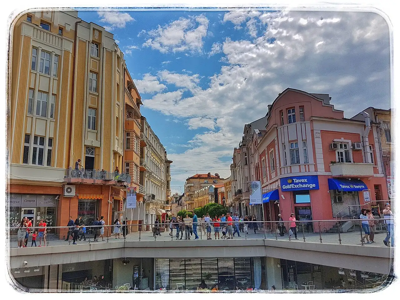 The pedestrian Knyaz Alexander I main street in central Plovdiv with cafes and shoppers
