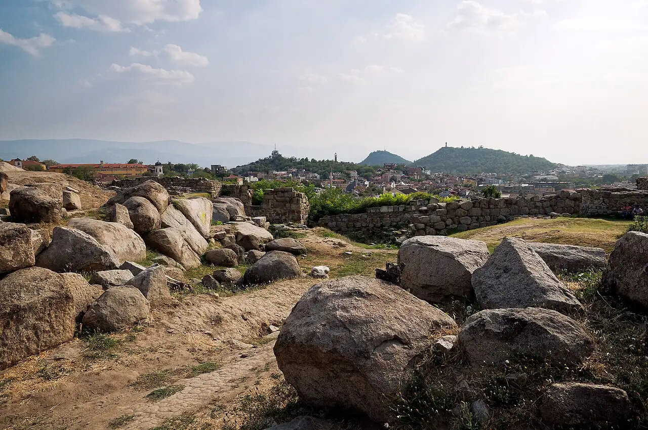 Massive grey granite Thracian and Roman wall blocks at the Nebet Tepe archaeological site above Plovdiv