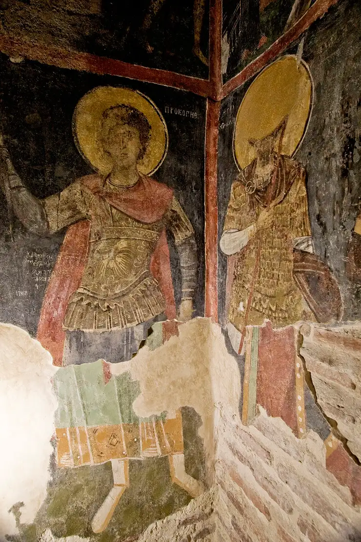 A detail of the 1259 frescoes inside Boyana Church showing realistic saint faces