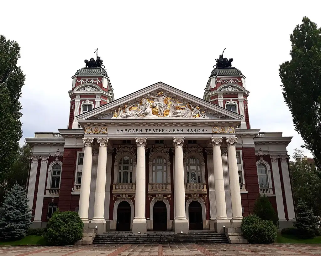 The Ivan Vazov National Theatre in Sofia, a red and gold neo-classical building