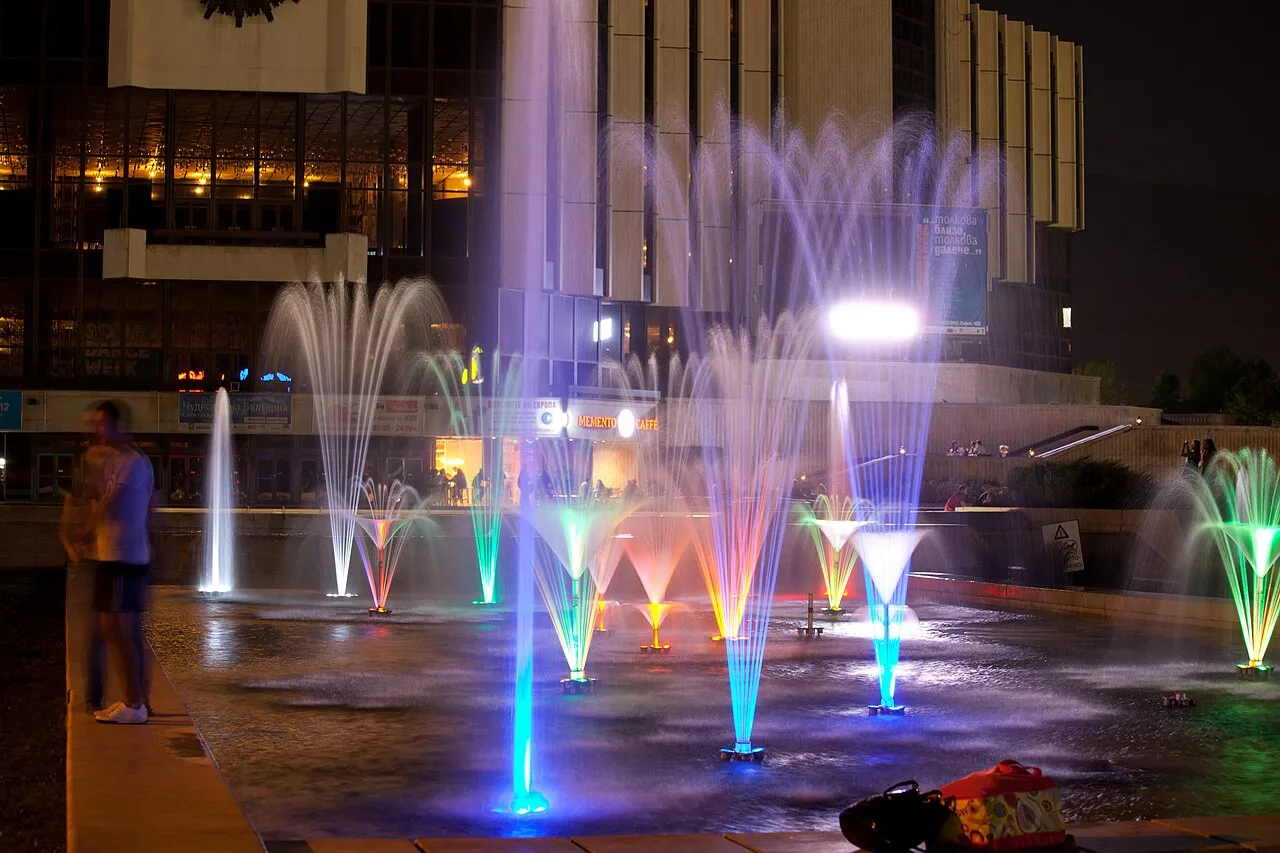 The National Palace of Culture (NDK) in Sofia with its fountains and park