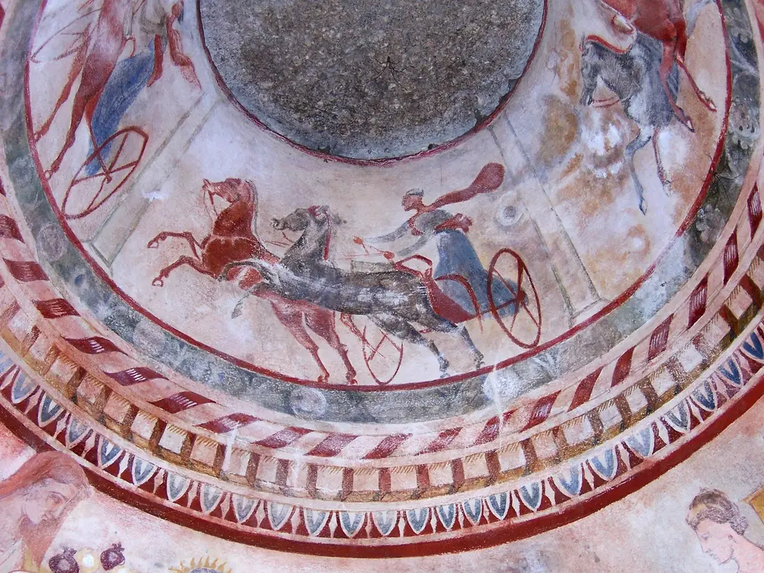 The upper dome of the Kazanlak tomb replica showing the painted chariot race circling the ceiling